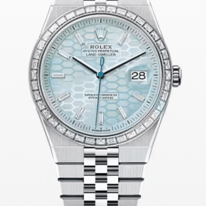Rolex Land-Dweller Platinum Ice Blue Dial 40mm Baguette Markers and Bezel