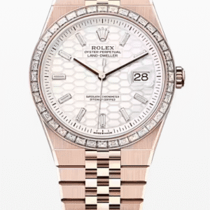 Rolex Land-Dweller White Dial 40mm Rose Gold Baguette Markers and Bezel