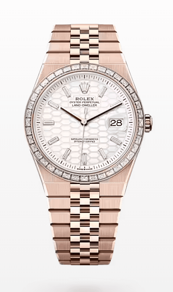 Rolex Land-Dweller White Dial 40mm Rose Gold Baguette Markers and Bezel