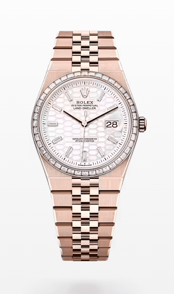 Rolex Land-Dweller White Dial 36mm Rose Gold Baguette Markers and Bezel