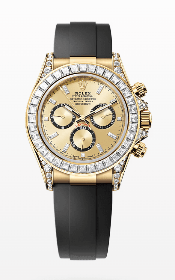 Rolex Oysterflex Daytona Champagne Dial with Baguette Markers and Bezel 40mm Yellow Gold