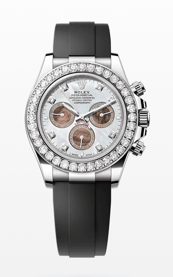 Rolex Oysterflex Daytona Black and White Mother of Pearl with Diamond Markers and Bezel 40mm White Gold