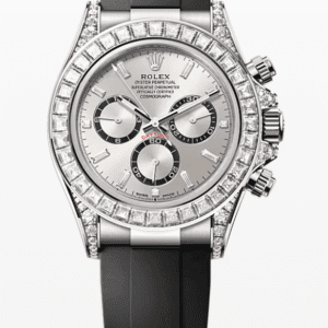 Rolex Oysterflex Daytona Silver Dial with Baguette Markers and Bezel 40mm White Gold