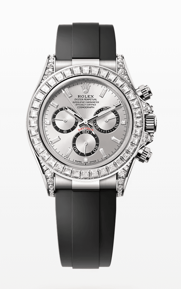 Rolex Oysterflex Daytona Silver Dial with Baguette Markers and Bezel 40mm White Gold