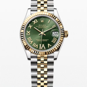 Rolex Datejust Olive Green Dial with Diamond Roman Numeral Fluted Bezel Jubilee Bracelet 31mm Two-Tone Yellow Gold and Stainless Steel