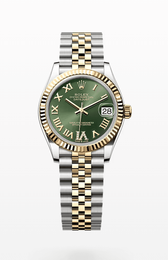 Rolex Datejust Olive Green Dial with Diamond Roman Numeral Fluted Bezel Jubilee Bracelet 31mm Two-Tone Yellow Gold and Stainless Steel