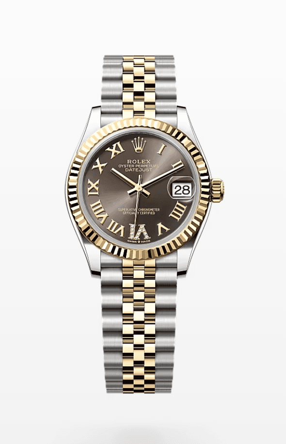 Rolex Datejust Dark Grey Dial with Diamond Roman Numeral Fluted Bezel Jubilee Bracelet 31mm Two-Tone Yellow Gold and Stainless Steel
