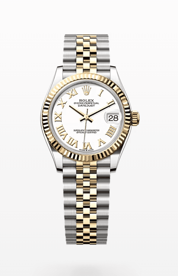 Rolex Datejust White Roman Dial Fluted Bezel Jubilee Bracelet 31mm Two-Tone Yellow Gold and Stainless Steel
