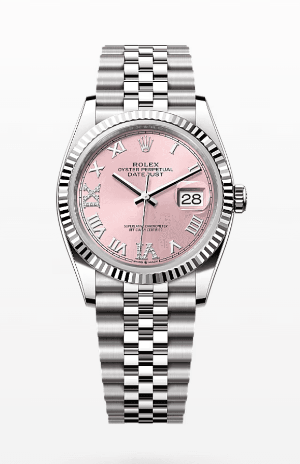 Rolex Datejust Pink Dial with Diamond Roman Numerals Fluted Bezel Jubilee Bracelet 36mm Stainless Steel