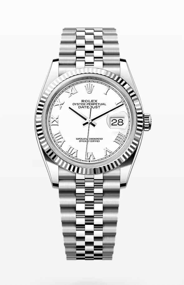 Rolex Datejust White Roman Dial Fluted Bezel Jubilee Bracelet 36mm Stainless Steel