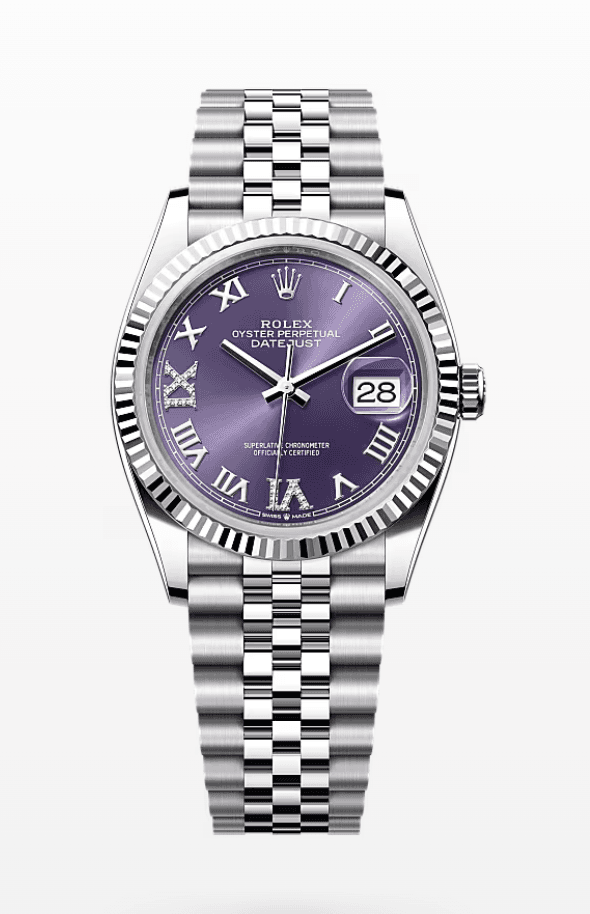 Rolex Datejust Purple Dial with Diamond Roman Numerals Fluted Bezel Jubilee Bracelet 36mm Stainless Steel