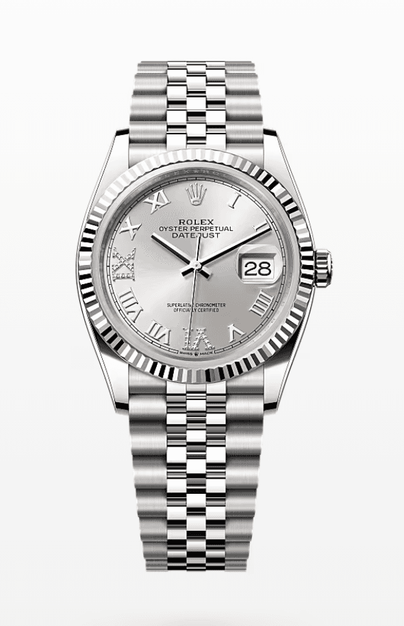 Rolex Datejust Silver Dial with Diamond Roman Numerals Fluted Bezel Jubilee Bracelet 36mm Stainless Steel