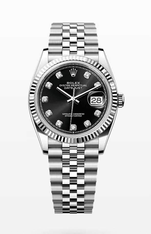 Rolex Datejust Black Dial with Diamond Markers Fluted Bezel Jubilee Bracelet 36mm Stainless Steel