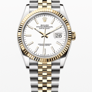 Rolex Datejust White Dial Fluted Bezel Jubilee Bracelet 36mm Two-Tone Yellow Gold and Stainless Steel