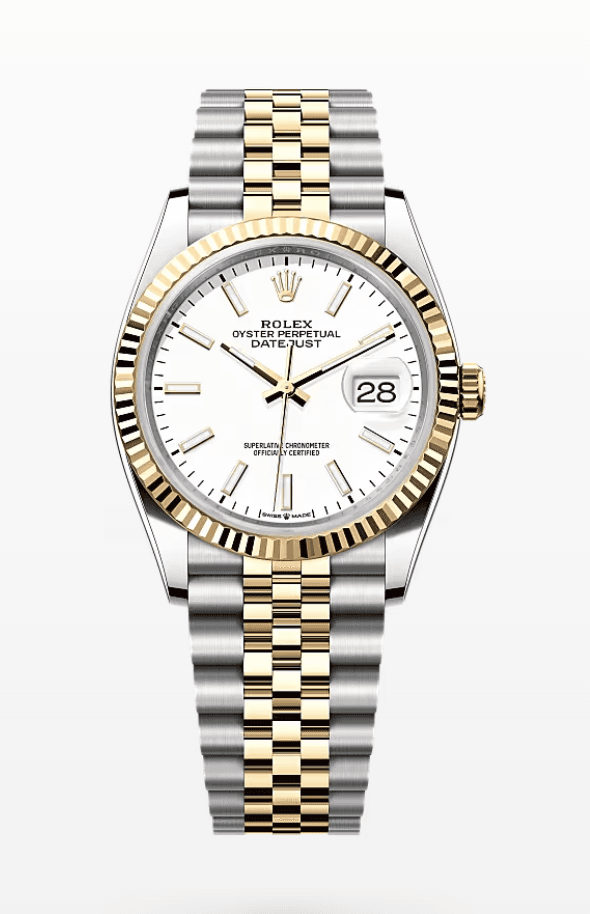 Rolex Datejust White Dial Fluted Bezel Jubilee Bracelet 36mm Two-Tone Yellow Gold and Stainless Steel