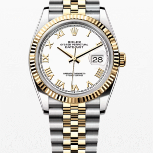 Rolex Datejust White Roman Dial Fluted Bezel Jubilee Bracelet 36mm Two-Tone Yellow Gold and Stainless Steel