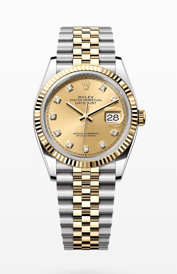 Rolex Datejust Champagne Dial with Diamond Markers Fluted Bezel Jubilee Bracelet 36mm Two-Tone Yellow Gold and Stainless Steel