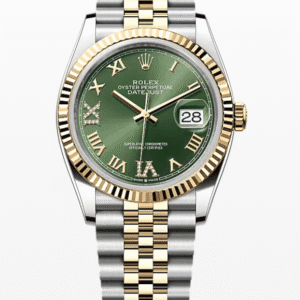 Rolex Datejust Olive Green Dial with Diamond Roman Numerals Fluted Bezel Jubilee Bracelet 36mm Two-Tone Yellow Gold and Stainless Steel