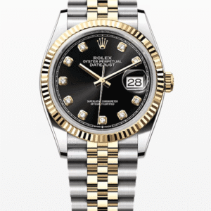 Rolex Datejust Black Dial with Diamond Markers Fluted Bezel Jubilee Bracelet 36mm Two-Tone Yellow Gold and Stainless Steel