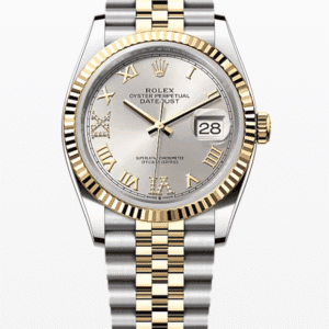 Rolex Datejust Silver Dial with Diamond Roman Numerals Fluted Bezel Jubilee Bracelet 36mm Two-Tone Yellow Gold and Stainless Steel