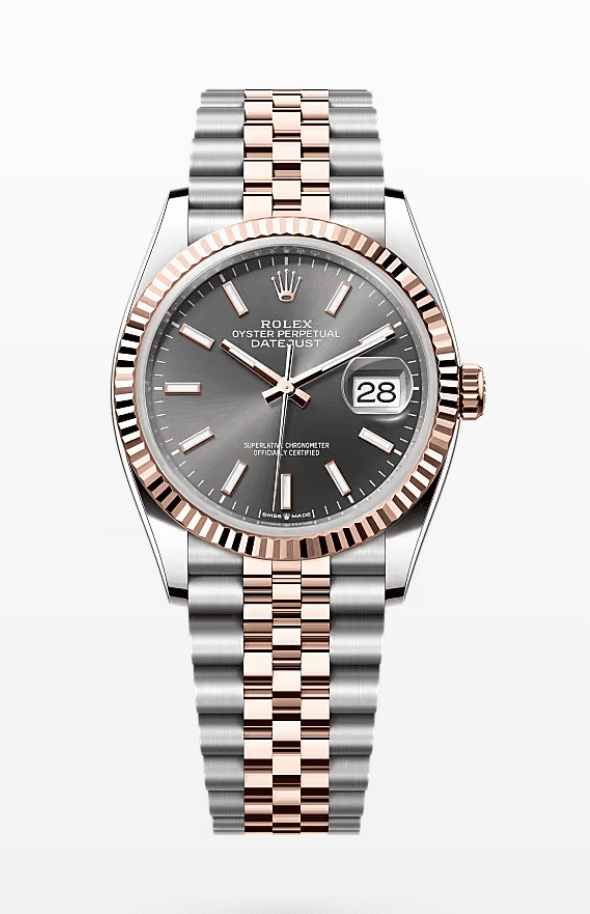 Rolex Datejust Grey Dial Fluted Bezel Jubilee Bracelet 36mm Two-Tone Everose Gold and Stainless Steel