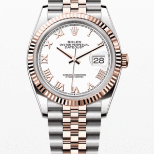 Rolex Datejust White Roman Dial Fluted Bezel Jubilee Bracelet 36mm Two-Tone Everose Gold and Stainless Steel