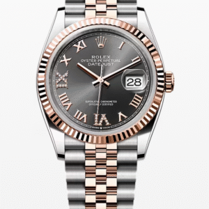 Rolex Datejust Grey Dial with Diamond Roman Numerals Fluted Bezel Jubilee Bracelet 36mm Two-Tone Everose Gold and Stainless Steel