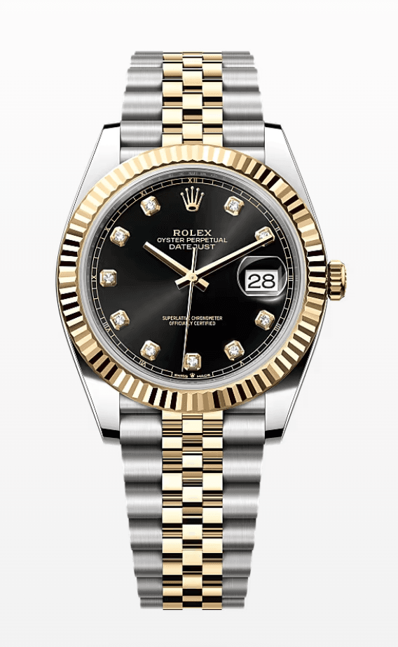 Rolex Datejust Black Dial with Diamond Markers Fluted Bezel Jubilee Bracelet 41mm Two-Tone Yellow Gold and Stainless Steel