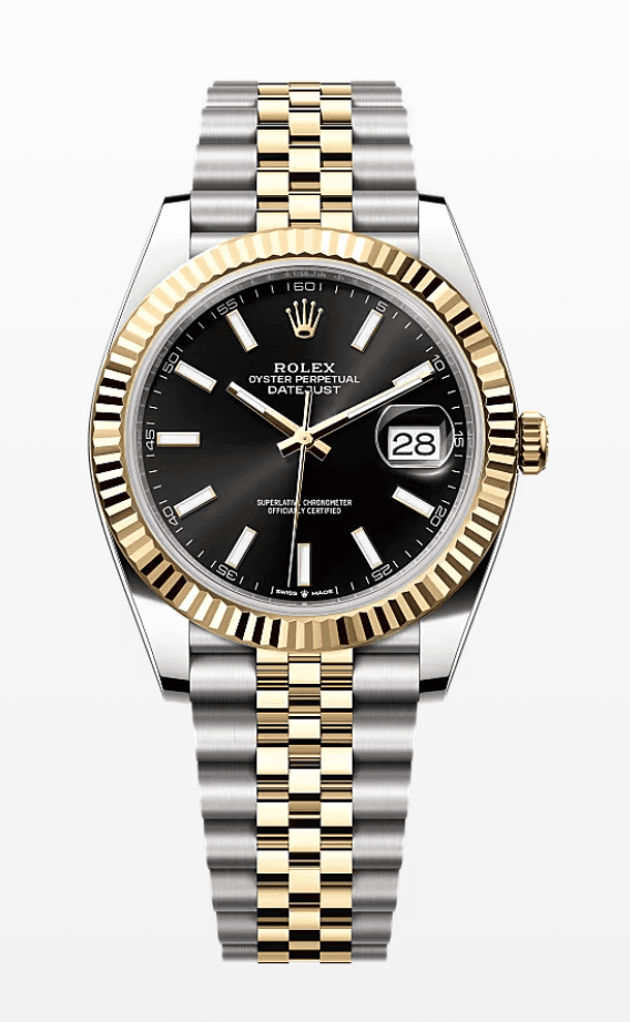 Rolex Datejust Black Dial Fluted Bezel Jubilee Bracelet 41mm Two-Tone Yellow Gold and Stainless Steel