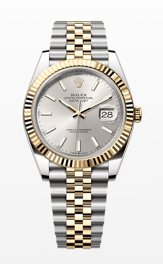 Rolex Datejust Silver Dial Fluted Bezel Jubilee Bracelet 41mm Two-Tone Yellow Gold and Stainless Steel
