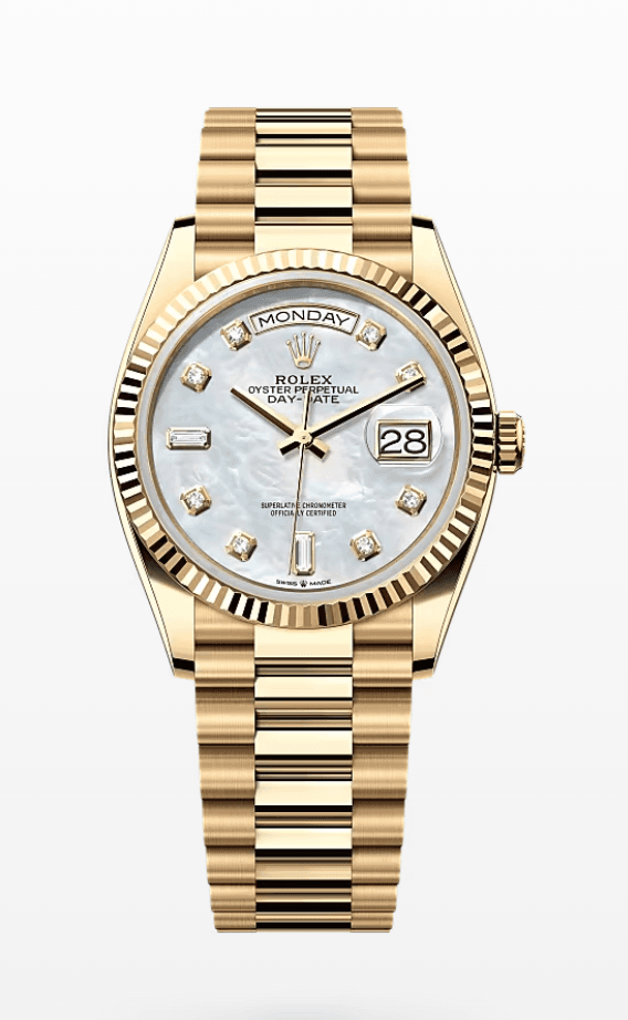 Rolex Daydate Mother of Pearl Dial with Diamond Markers 36mm Full Yellow Gold