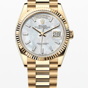 Rolex Daydate Mother of Pearl Dial with Baguette Markers 36mm Full Yellow Gold