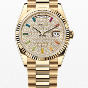 Rolex Daydate Pave Dial with Rainbow Baguette Markers 36mm Full Yellow Gold