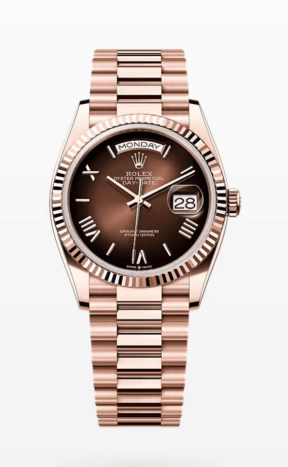 Rolex Daydate Ombre Brown Roman Dial 36mm Full Everose Gold