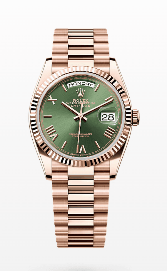 Rolex Daydate Olive Green Roman Dial 36mm Full Everose Gold