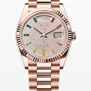 Rolex Daydate Diamond Pave Dial with Rainbow Baguette Markers 36mm Full Everose Gold