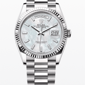 Rolex Daydate Mother of Pearl Dial with Baguette Markers 36mm Full White Gold