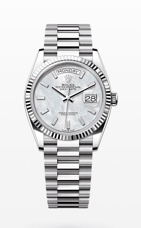 Rolex Daydate Mother of Pearl Dial with Baguette Markers 36mm Full White Gold