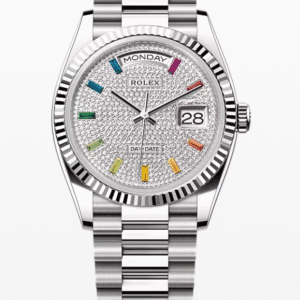 Rolex Daydate Diamond Pave Dial with Rainbow Baguette Markers 36mm Full White Gold