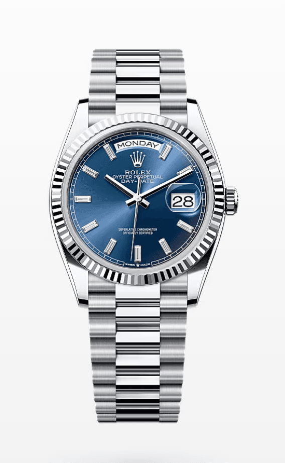 Rolex Daydate Blue Dial with Baguette Markers 36mm Platinum
