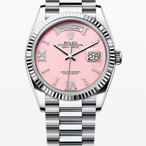 Rolex Daydate Pink Opal Dial with Diamond Roman Markers 36mm Platinum