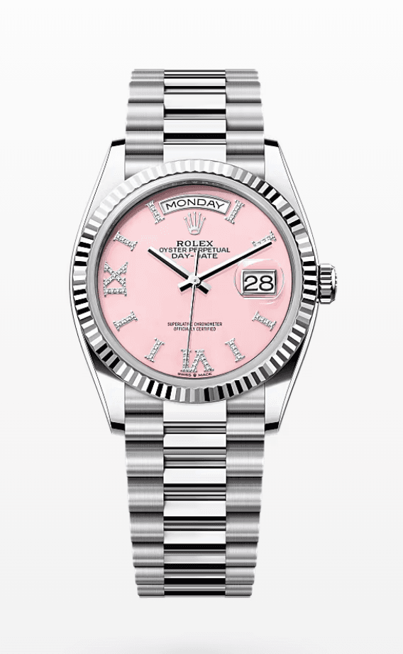 Rolex Daydate Pink Opal Dial with Diamond Roman Markers 36mm Platinum