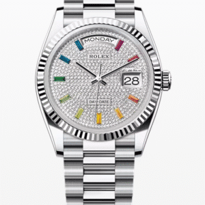 Rolex Daydate Diamond Pave Dial with Rainbow Baguette Markers 36mm Platinum