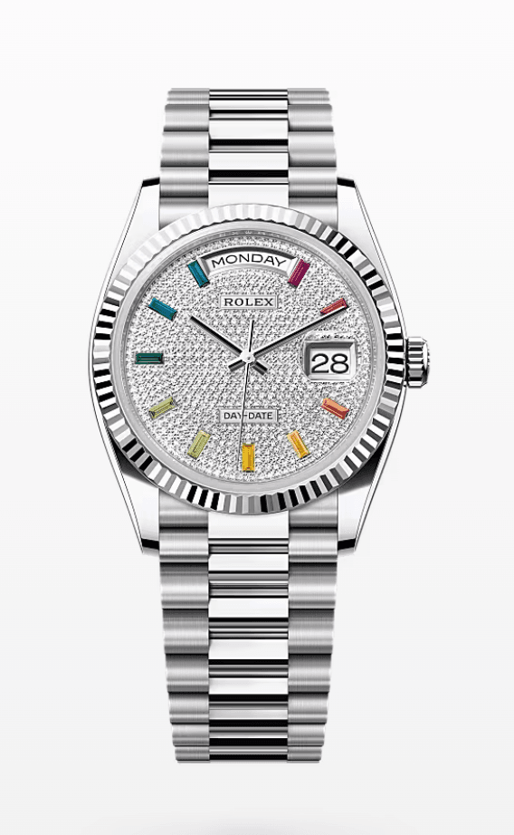 Rolex Daydate Diamond Pave Dial with Rainbow Baguette Markers 36mm Platinum