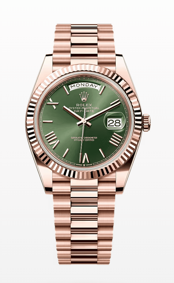 Rolex Daydate Olive Green Roman Dial 40mm Full Everose Gold