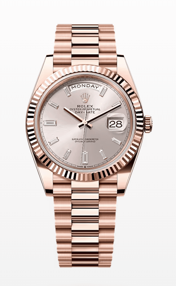 Rolex Daydate Sundust Dial with Baguette Markers 40mm Full Everose Gold