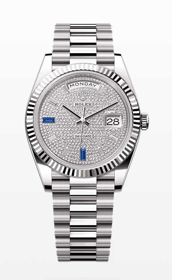 Rolex Daydate Diamond Pave Dial with Baguette and Sapphire Markers 40mm Full White Gold