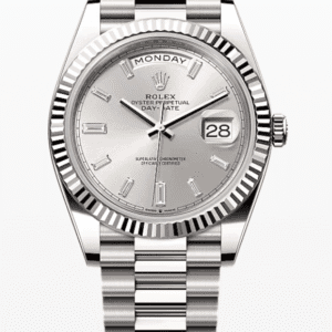 Rolex Daydate Silver Dial with Baguette Markers 40mm Full White Gold