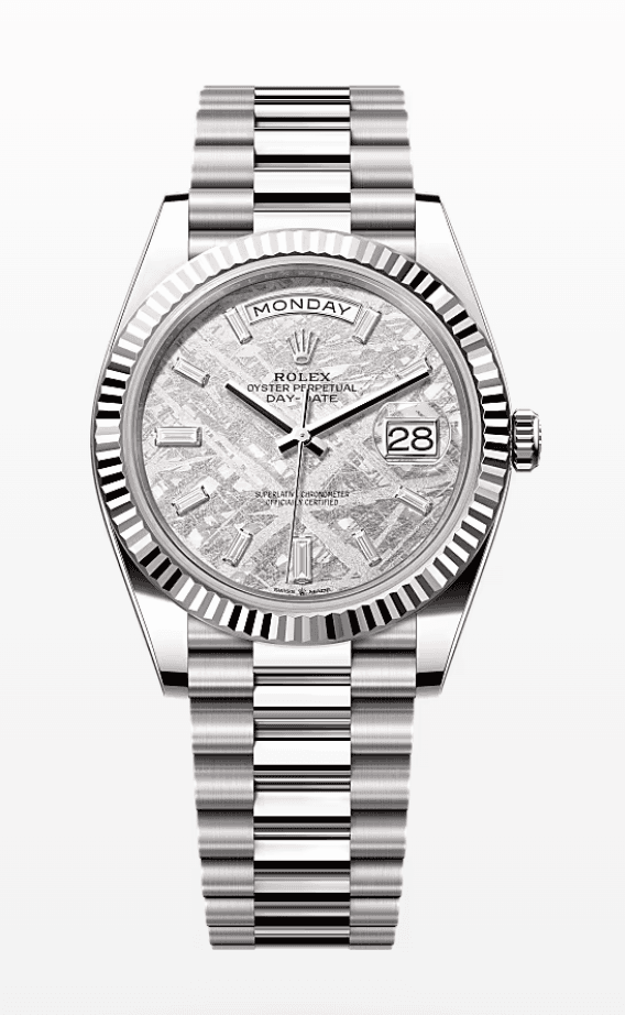 Rolex Daydate Meteorite Dial with Baguette Markers 40mm Full White Gold