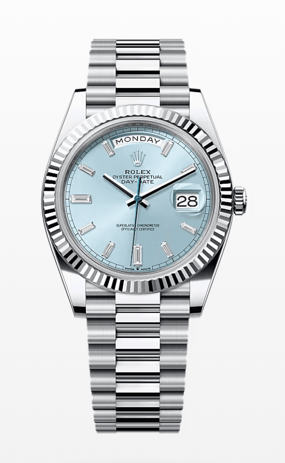 Rolex Daydate Ice Blue Roman Dial with Baguette Markers 40mm Platinum